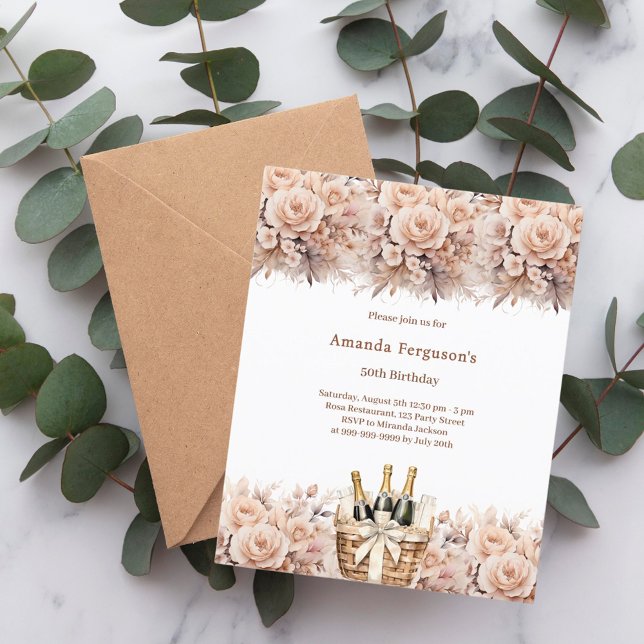 Cream rosa florals convite de aniversário de boho (Criador carregado)