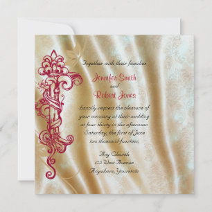 Cream Silk e Red Scroll Posh Convite para Casament