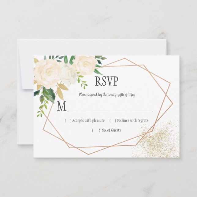Cream White Roses Glitter Greenery RSVP Geométrico (Frente)
