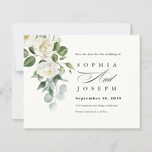 Creamy Floral Eucalyptus Wedding Save the date (Frente)