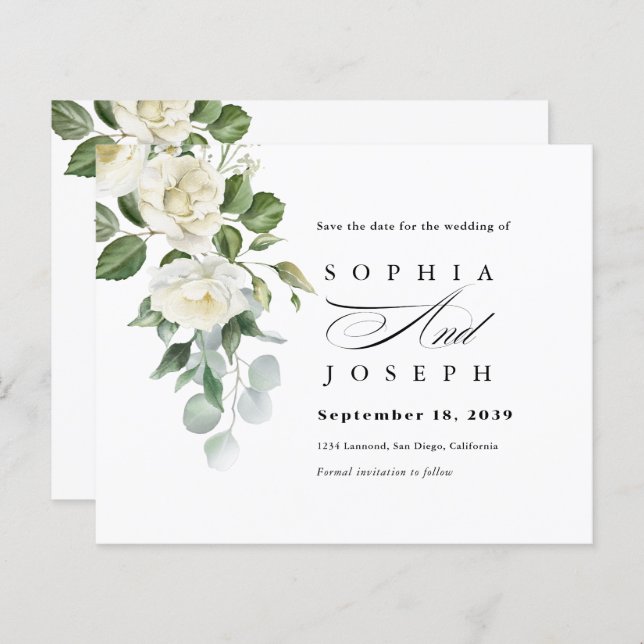 Creamy Floral Eucalyptus Wedding Save the date (Frente/Verso)