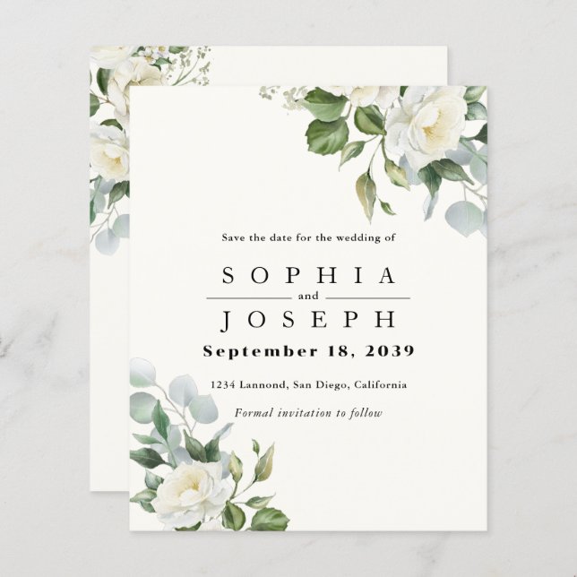 Creamy Floral Eucalyptus Wedding Save the date (Frente/Verso)