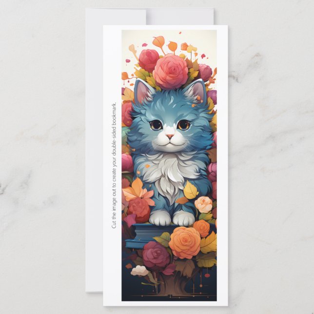 Create Your Own Floral Blue Cat Bookmark Card (Frente)
