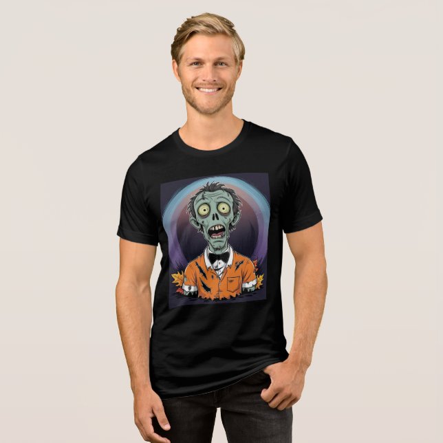 Creepy Cartoon Zombie in Orange Halloween Shirt (Frente Completa)