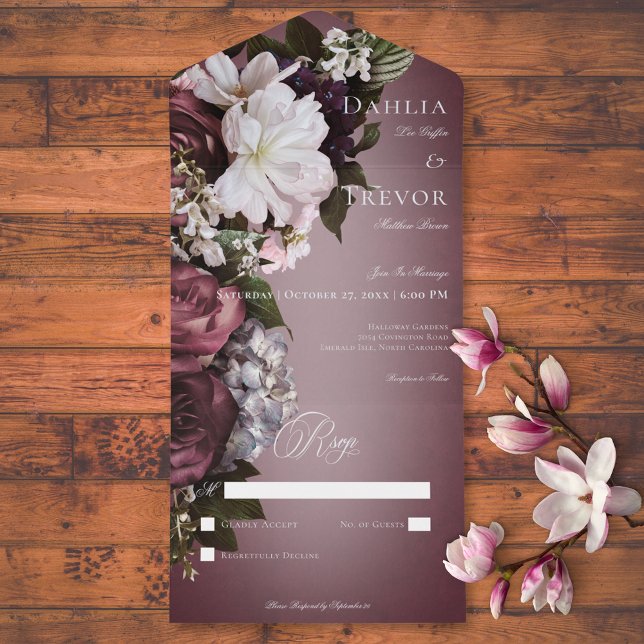 Creme Borgonha Escuro Não Janta (Dark Elegant Burgundy Cream Blur Floral No Dinner All In One Invitation)