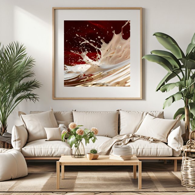 Creme e Red Splash Fluid Art Poster (Add a bold statement to your home with this stunning red and beige abstract artwork.)