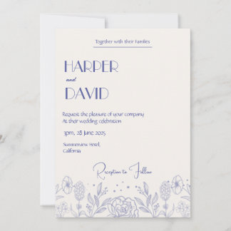 Creme Elegante e Convite de casamento Floral Azul