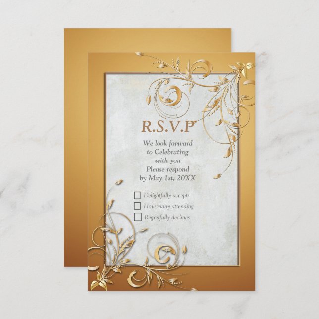 Creme Ripple Elegante e placa RSVP Dourada (Frente/Verso)