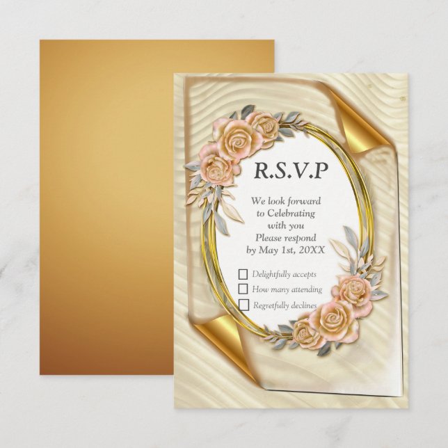 Creme Ripple Elegante e placa RSVP Dourada (Frente/Verso)