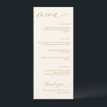 Creme Romântico e Menus Dourados de Casamento<br><div class="desc">Elevem sua experiência de jantar de casamento com nosso Elegante Creme Moderno e Dourado Menu Casamento. Com 4 x 9, 25 polegadas, este menu meticulosamente projetado adiciona um toque requintado de romance e modernidade à sua recepção. A delicada escrita caligráfica moderna, colocada contra um pano de fundo creme e ouro,...</div>