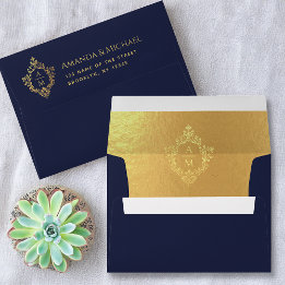 Crest Azul Marino Falso Dourado Monograma Antiguo