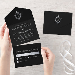 Crest Monograma Vintage Preto de Casamento e RSVP