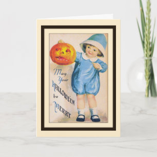 Criança com cartão de Jack O' Lantern de Halloween