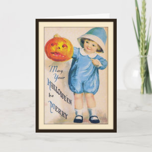Criança com cartão de Jack O' Lantern de Halloween