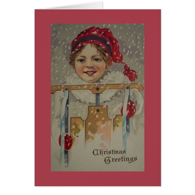 Criança Vitoriana Com Cartão De Natal De Trenó (Frente)