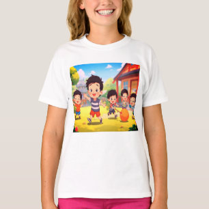 Crianças Brincando no Quintal em uma camiseta bran