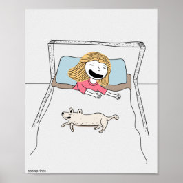 Crianças engraçadas, poster e cão juntos na cama