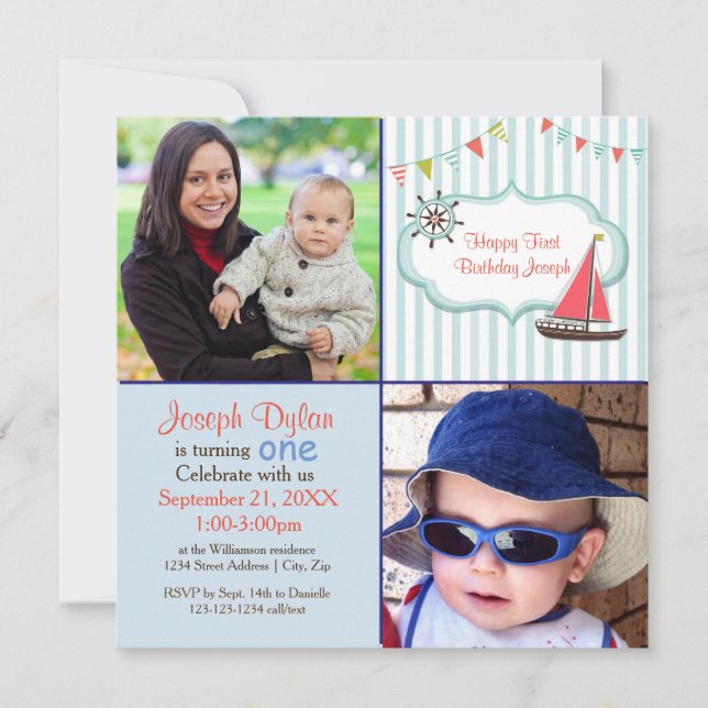 Crianças Fotográficas Blue Sailboat 2 - Convite de (Frente)