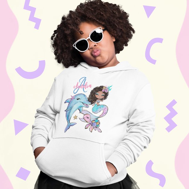 Crianças Personalizadas de Cabelo Negro Nomes Meni (Black Hair Mermaid Custom Kids Name Pink Girls Hoodie
)