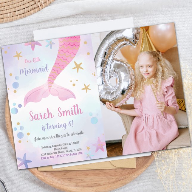 Crianças Personalizadas Sob o Convite do Partido d (Pink Mermaid Birthday Invitations with photo)