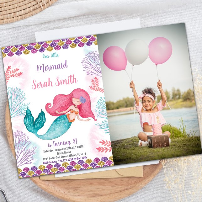 Crianças Personalizadas Sob o Convite do Partido d (Green Mermaid Birthday Invitations with photo)