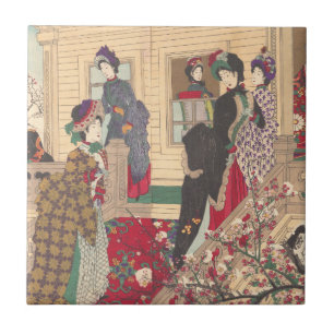 Crianças que jogam na neve sob árvores de ameixa