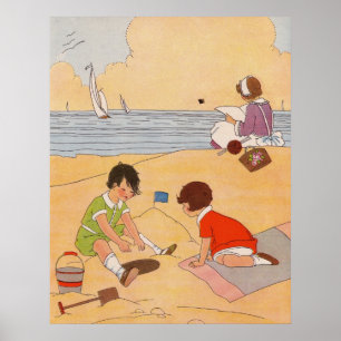 Crianças que jogam no poster da praia