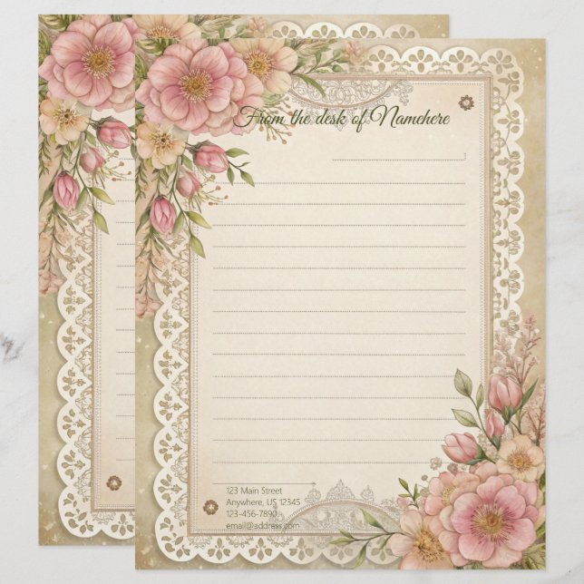 Crie Seu Próprio Papel de Carta com Flores de Rend (Frente/Verso)