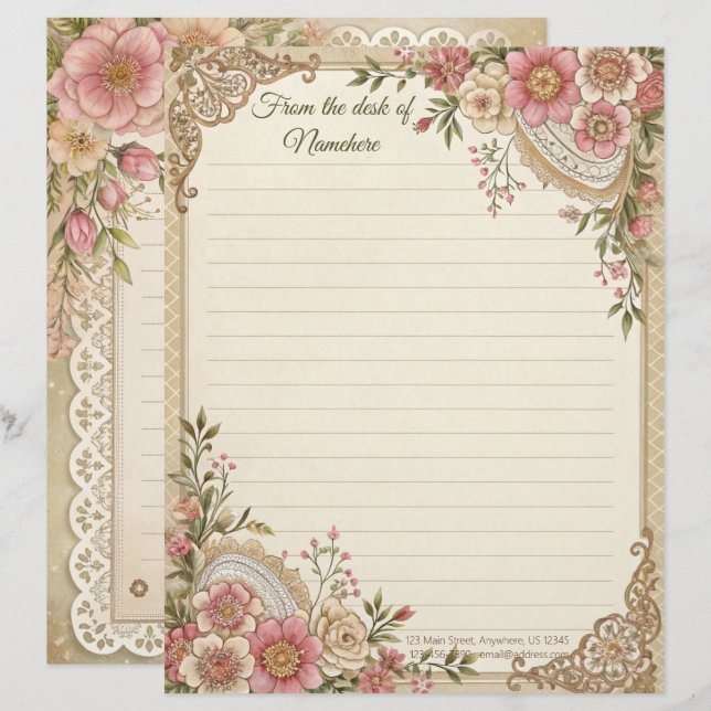 Crie Seu Próprio Papel de Carta com Flores de Rend (Frente/Verso)