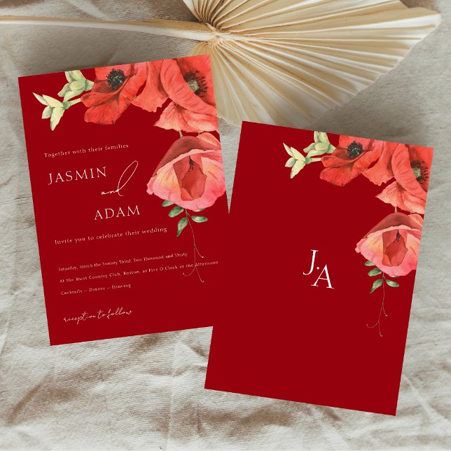 Crimson Red Poppies Convite De Casamento Floral (Crimson Red Poppies Floral Wedding Invitation)