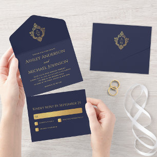 Crista Naval Azul Dourado Falso Monograma Elegante