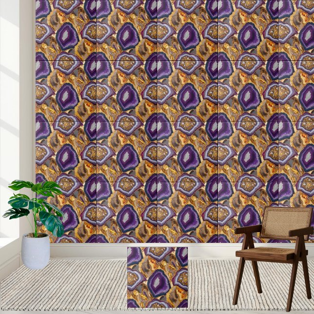 Cristais Espumantes de Agato de Geodo Roxo e Doura (Sparkling Crystals of Purple and Gold Geode Agate Ceramic Tile)