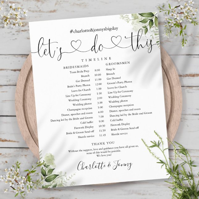 Cronograma de Casamento com Folhas Verdes (Greenery Leaves Script Wedding Schedule Timeline)