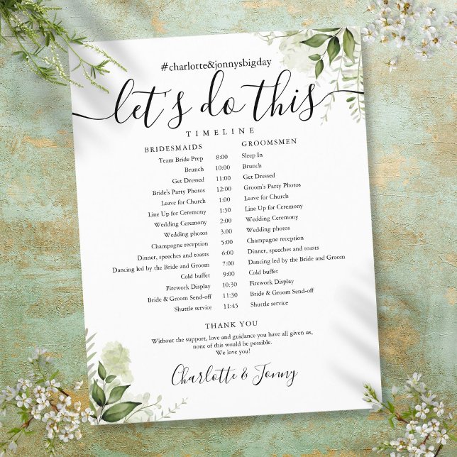 Cronograma de Casamento com Folhas Verdes (Greenery Leaves Script Wedding Schedule Timeline)