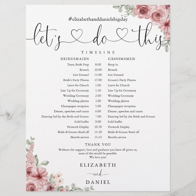 Cronograma de Casamento com Letra Floral em Coraçã (Frente)
