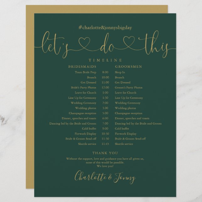 Cronograma de Casamento de Script Dourado Esmerald (Frente/Verso)