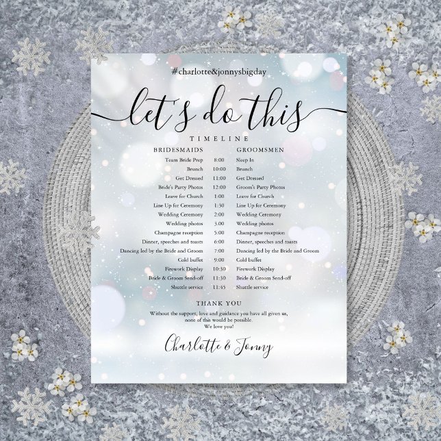 Cronograma de Casamento de Script Elegante de Inve (Winter Elegant Script Wedding Schedule Timeline)