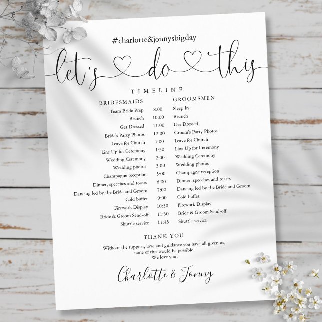 Cronograma de Casamento em Preto e Branco com Letr (Black And White Script Wedding Schedule Timeline)
