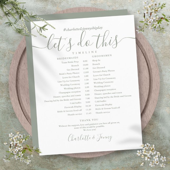 Cronograma de Casamento em Roteiro Verde Sálvia (Sage Green Script Wedding Schedule Timeline)