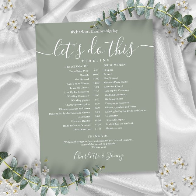 Cronograma de Casamento em Verde Sage Elegante (Elegant Sage Green Wedding Schedule Timeline)