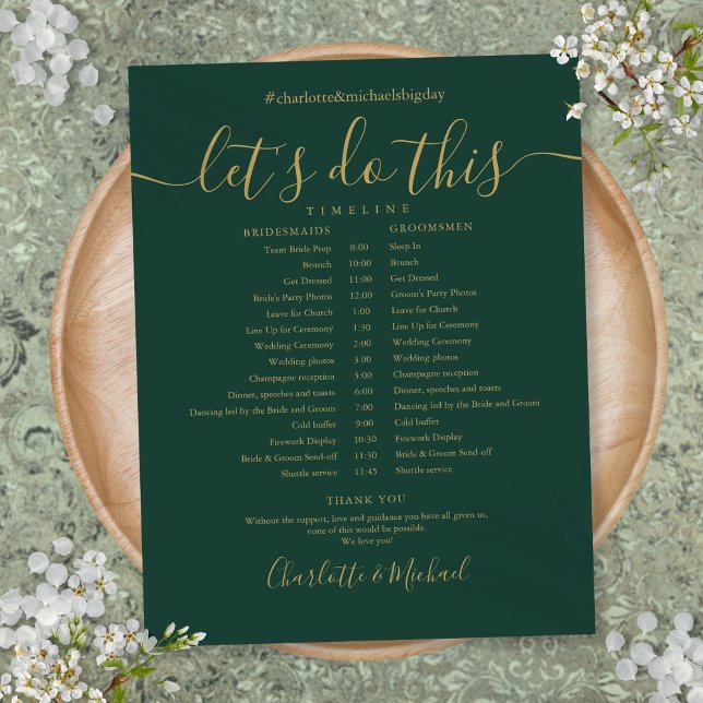 Cronograma de Noivado Esmeralda Verde Dourado Chic (Chic Emerald Green Gold Wedding Schedule Timeline)