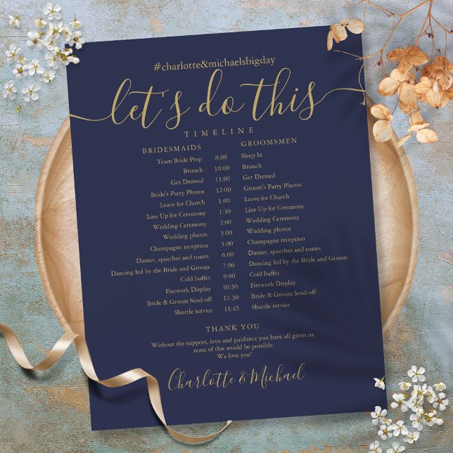 Cronograma do Horário do Horário do Horário do Cas (Elegant Navy Blue Gold Wedding Schedule Timeline)