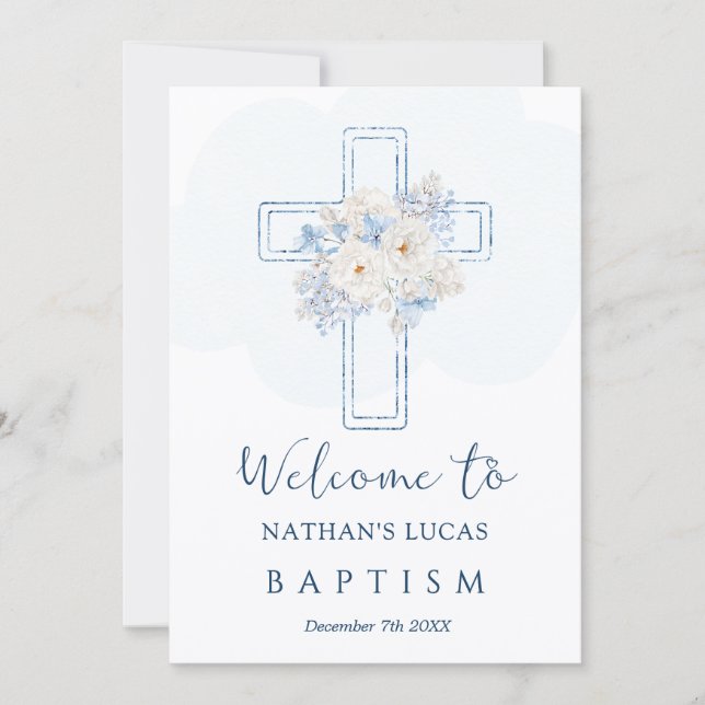 Cross Blue Floral Welcome to Baptism Announcement (Frente)