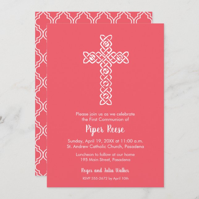 Cross on Bright Coral Baptism, Christening Invites (Frente/Verso)
