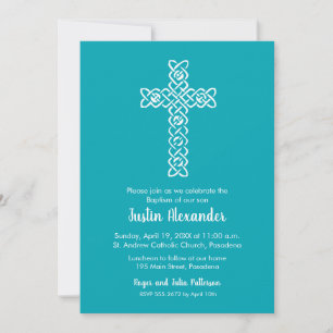 Cross on Peacock Blue Baptism, Christening Invites