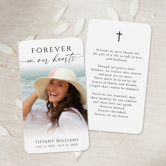 Cross Photo Forever Hearts Sympathy Prayer Card (Criador carregado)