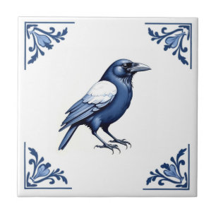 Crow Delft Blue e White Floral Corners Bird