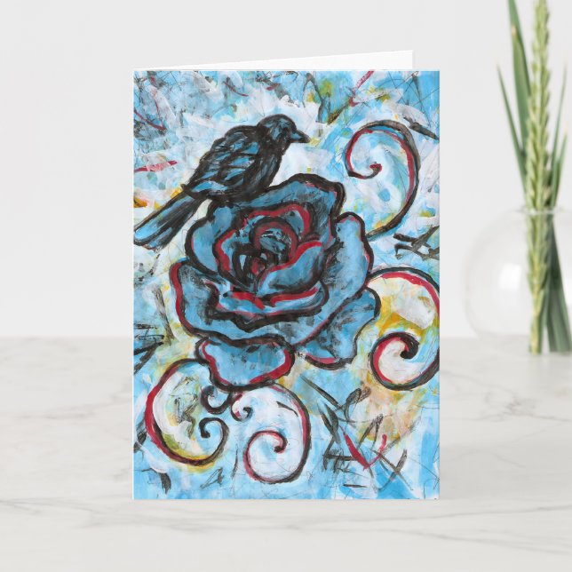 Crow em um Rosa azul, Cartão de Saudação (Frente)