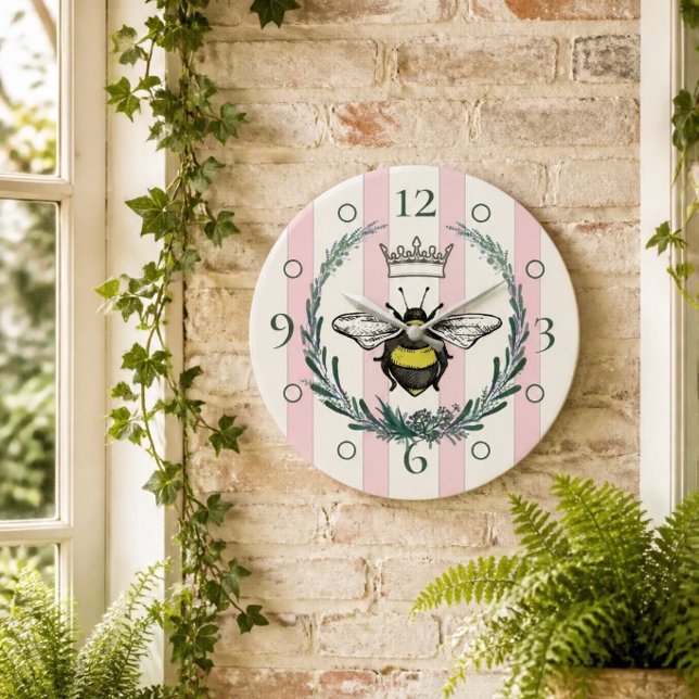Crown Bee | Relógio de Parede Listrado Rosa e Bran (Criador carregado)