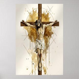 Crucificação de Jesus Impressão Aquarela Cristã